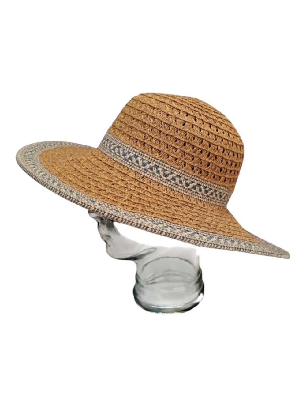 Sun'n'Sand Straw Hat Blue White Woven Trim